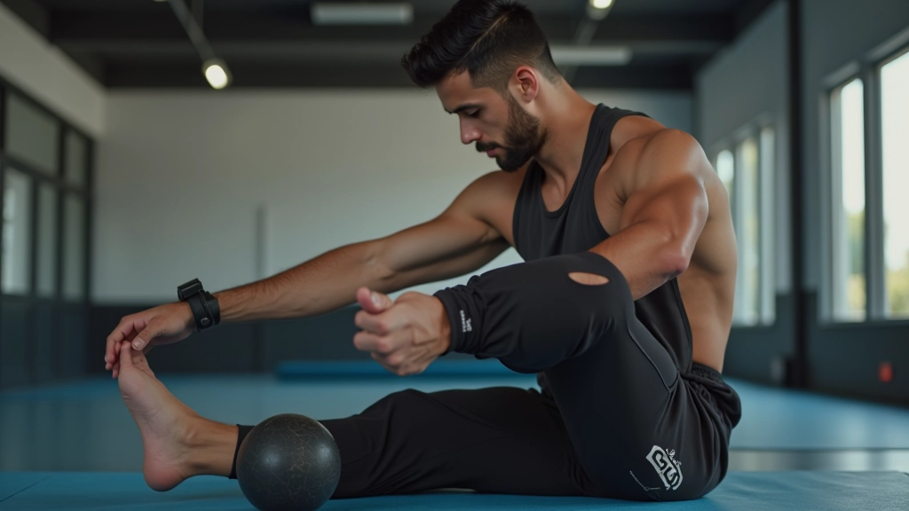 متدرب تايكوندو يقوم بتمارين الإطالة واستشفاء العضلات بعد جلسة تدريبية مكثفة